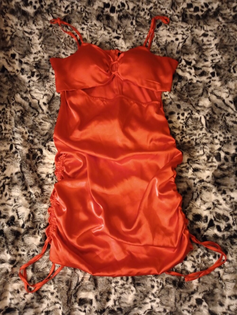 Satin Red Cut Out Slip Dress with Ruch Adjustable Ties